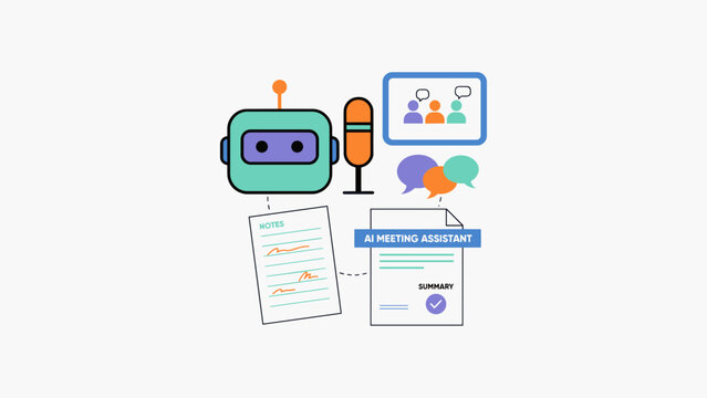 AI meeting assistant vector illustration, artificial intelligence bot transcribing audio notes, smart chatbot virtual secretary concept