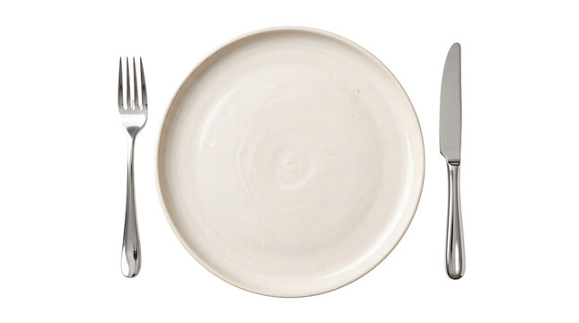 Kitchen dining, empty white plate with cutlery isolated on transparent background. silver fork and knife setting object shape shape cutout. high quality 3d realistic design elements collection.