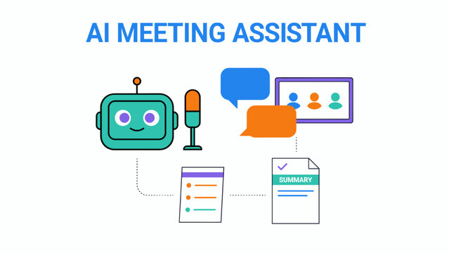 AI meeting assistant vector illustration, artificial intelligence robot transcribing online conference, automated summary notes