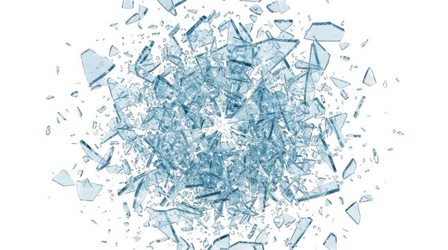 Shattered blue glass fragments and crystalline shards with shattered