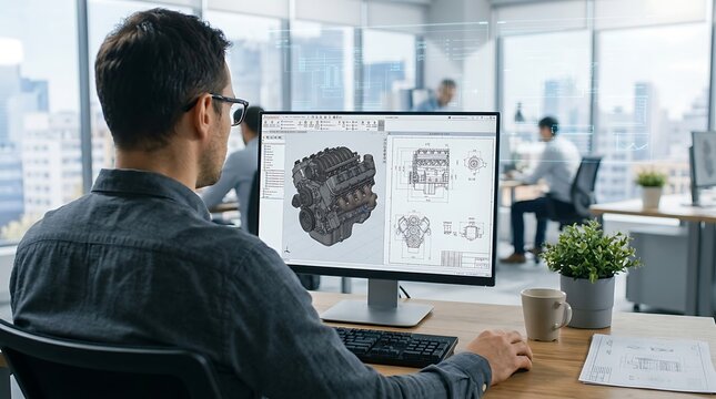 engineer designing engine on computer using 3d modeling software in modern office with holographic schematics floating around showing technical blueprint development process.