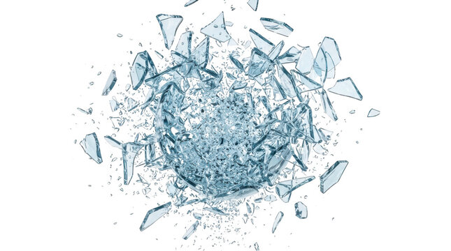 Explosion of transparent glass shards on white background