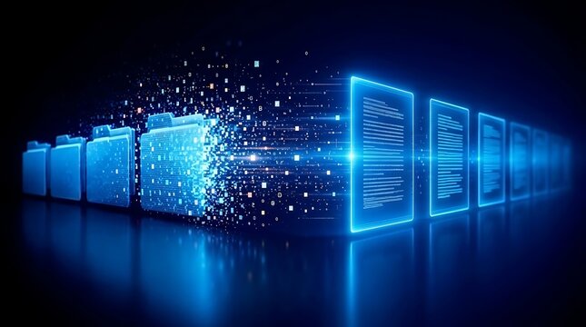 Abstract glowing blue folders with digital data exploding outwards, futuristic concept of information storage and technology.