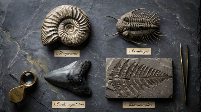 Collection of prehistoric fossils including ammonite, trilobite, shark tooth and fern leaf