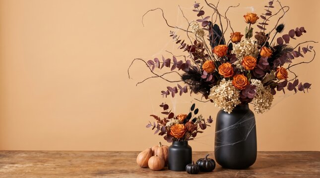 Halloween background frame with autumnal dried flowers, black vases, pumpkins on wood table, offering copy space and a border for a top-down design.