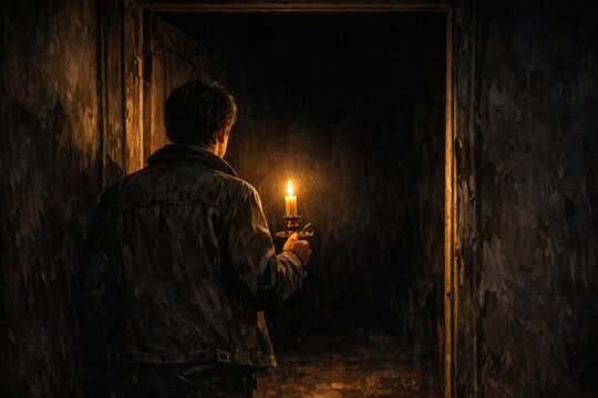 A person holding a burning candle in a dimly lit space, ideal for use as a mood setter or to convey drama