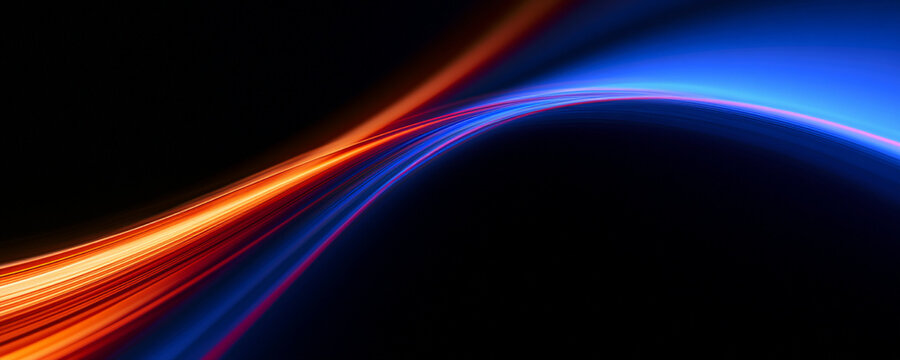 Elegant neon streaks sweep across the frame in flowing curves, combining warm orange with cool blue tones. The abstract design evokes speed, connectivity, power and modern technology.