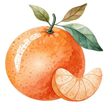 Detailed watercolor illustration of a fresh ripe orange fruit with leaves and a wedge isolated