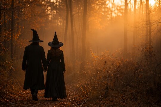 A mystical couple in witch hats walking through a misty autumn forest