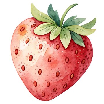 Detailed watercolor illustration of a fresh ripe red strawberry with leaves and stem isolated