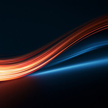 Bright neon lines sweep through deep darkness in elegant curves, blending fiery orange with electric blue. The abstract composition suggests velocity, power and digital movement.
