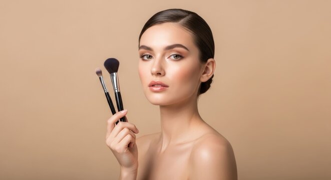 Beautiful Woman with Makeup Brushes and Soft Pink Eyeshadow.