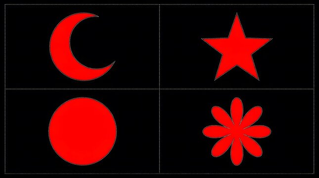 geometric shapes and symbols set in red on black background. minimalist vector icons collection.