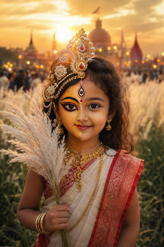 Cute Bengali girl with traditional Durga Puja makeup holding kash grass in autumn field during sunset