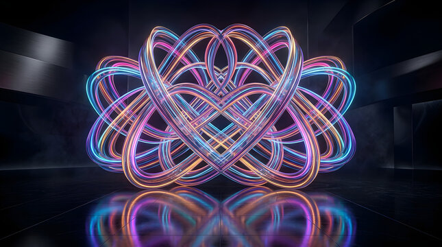 Flowing multicolored light ribbons forming graceful layered waves, dark gradient environment, subtle luminous particles, balanced negative space, refined futuristic composition, premium commercial ab