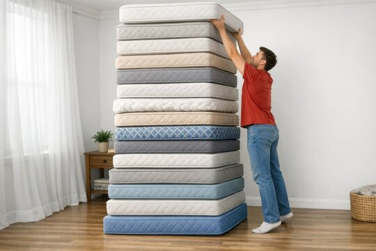 A person stands next to a pile of mattresses