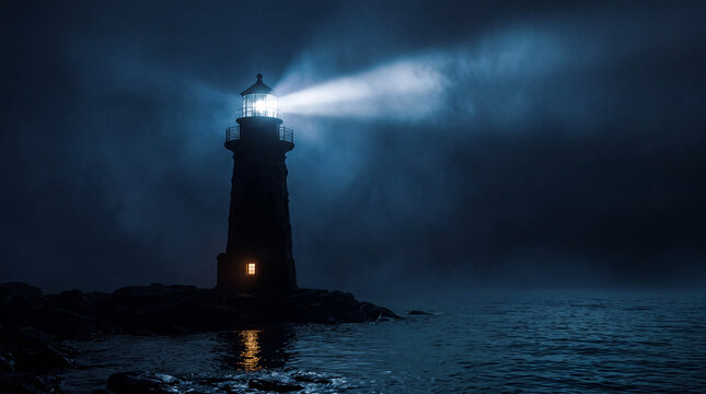 Night lighthouse silhouette with bright light beam piercing thick fog over dark ocean waters