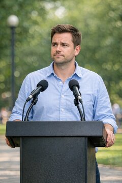 A person presenting information at a microphone, ideal for conferences, meetings, and presentations