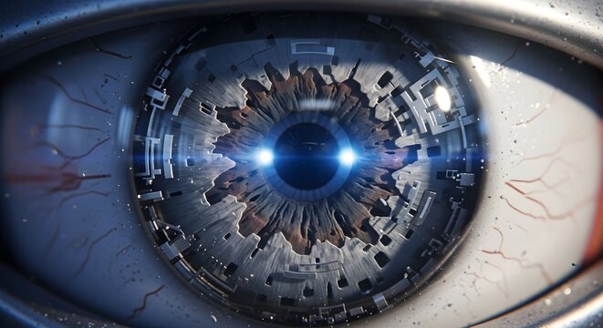 Close up of futuristic bionic eye with mechanical iris and glowing blue lights in cybernetic head