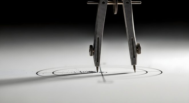 Metal drawing compass on paper creating precise geometric circles in a dark studio setting