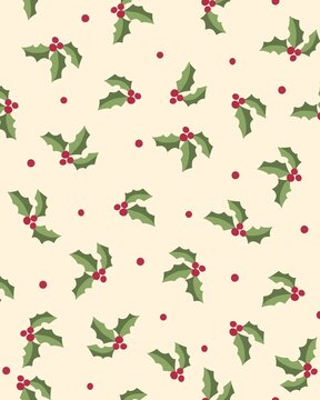 Seamless Christmas pattern with green holly leaves and red berries on cream background