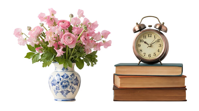 Pink ranunculus and sweet peas in blue and white vase with vintage alarm clock and books.