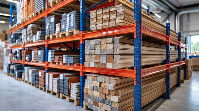 Large warehouse corner with stacks of natural stone, ceramic tiles, wooden panels, decorative plaster and facade cladding materials, different shapes and formats arranged organically around industri