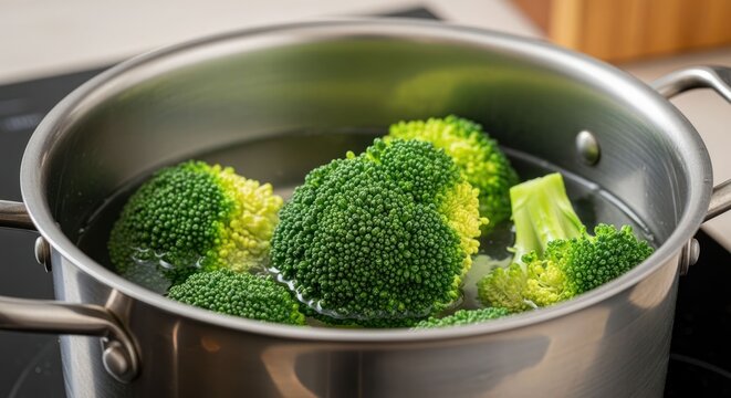 Fresh Broccoli Florets Simmering in Boiling Water in a Stainless Steel Pot.