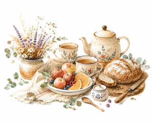 Fototapeta premium Vintage Rustic Breakfast Still Life with Tea, Bread, Fruit and Flowers