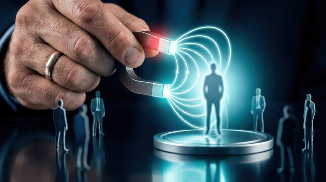 Hand using magnet to attract glowing employee silhouette from group