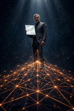 Man in suit holding tablet with growth chart, standing on digital network, suitable for finance, business, and technology presentations