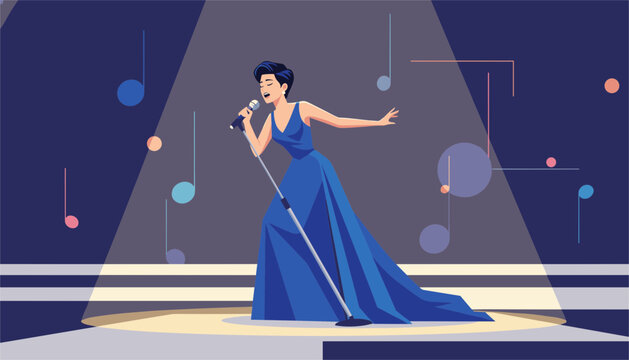 Elegant female singer in a long blue gown performing with a microphone on a spotlighted stage with musical notes.
