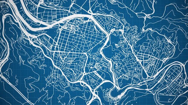 Ink reveal animation of Bilbao (Bilbo) city, Spain (Espa&ntilde;a), grid map. Aerial top view. Blueprint style. White lines with blue background. 4K Seamless loop.