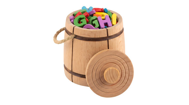 Wooden barrel overflowing with colorful alphabet letters for education and learning.