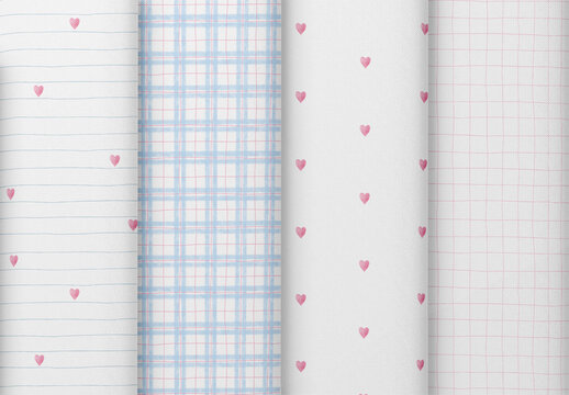 Watercolor Pastel Hearts Plaid Pattern Collection with Stripes and Hand Drawn Pencil Details
