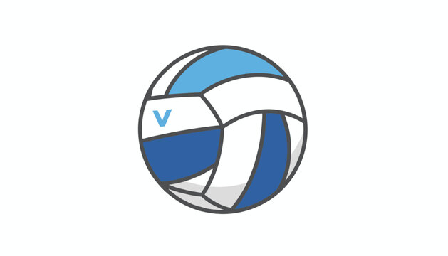 Blue and white volleyball with curved panels and a small logo floating against a plain white background in a simple icon style.