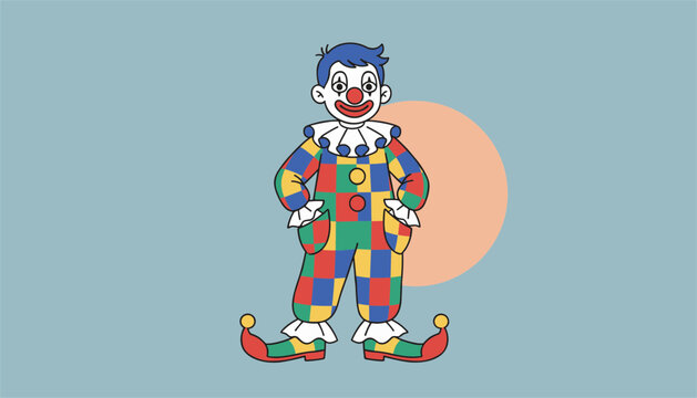 Classic circus clown wearing a multi-colored checkered jumpsuit and large red shoes posing against a blue and orange background.