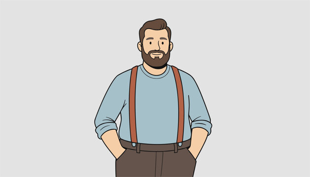 Strong and friendly bearded man wearing a light blue sweater and brown suspenders standing against a plain grey background.