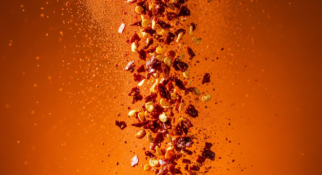 Explosion of chili flakes and seeds against an orange background, high speed photography, suitable for food blogs, cooking shows and spice advertising