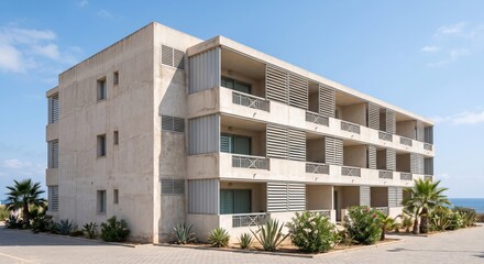Fototapeta premium Modern Mediterranean apartment building with sunshades and balconies in coastal setting