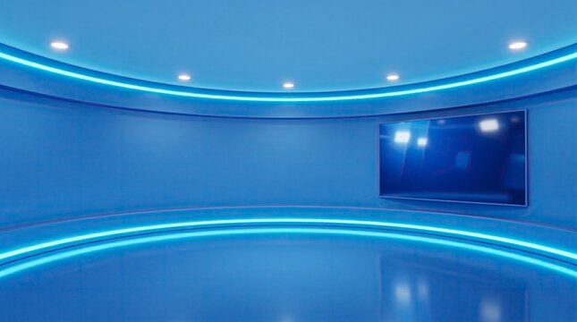 Modern virtual news studio background with blue neon lighting and large digital screen.