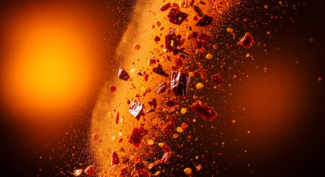 Explosion of vibrant red chili flakes and powder, dynamic motion, concept for spicy food advertising, culinary blogs and cooking ingredient showcases