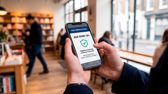 Privacy-preserving age verification on smartphone. Secure digital credential confirms adult eligibility without revealing personal data, supporting identity protection and online access control.