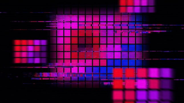 Abstract digital glitch background with glowing purple and blue neon squares on black