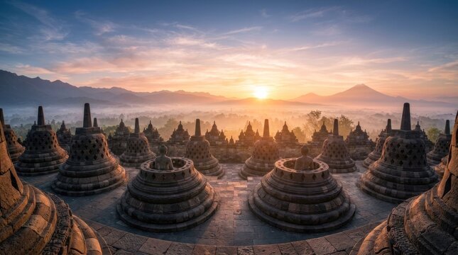 Sunrise Over Ancient Borobudur Temple Complex in Indonesia.