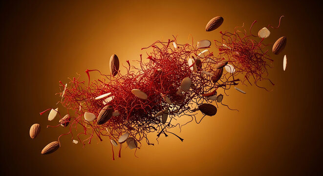 Floating Saffron threads and Almond pieces, vibrant and detailed, perfect for culinary advertising, food blogs and gourmet product promotions