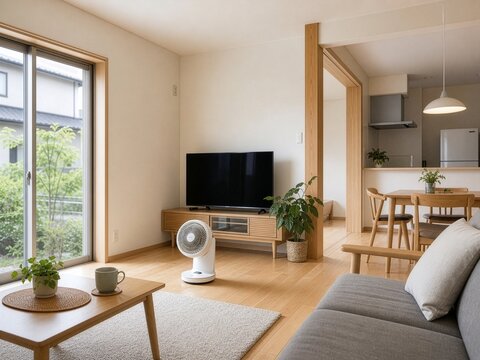 サーキュレーターで空気を循環させる住宅のリビング