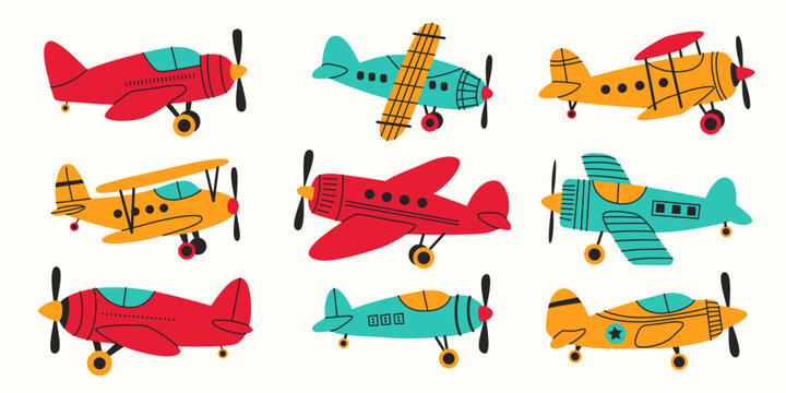 Colorful Airplane Collection. Cute Vintage Aircraft Vector Set
