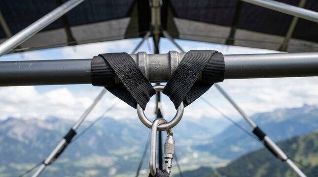 A black strap wraps around a metal bar with a carabiner.