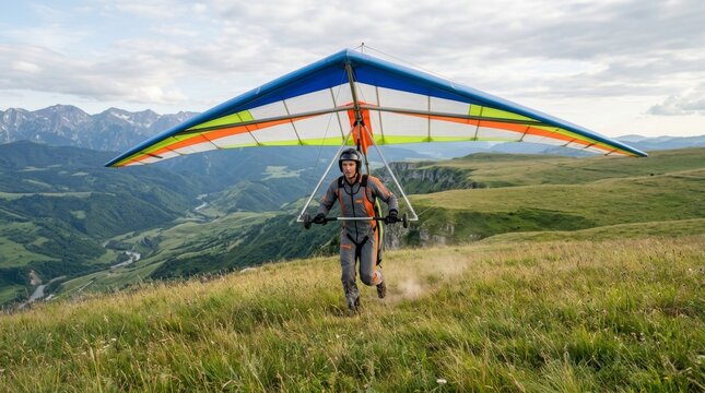 A person holds a colorful hang glider on a hillside.
